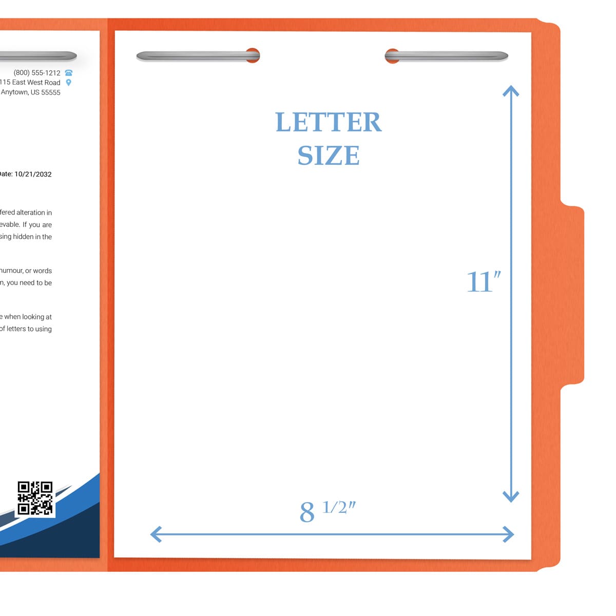 Orange letter size top tab single ply folders with 1/3 cut assorted tabs and 2" bonded fastener on inside front and inside back. 11 pt orange stock. Packaged 50/250