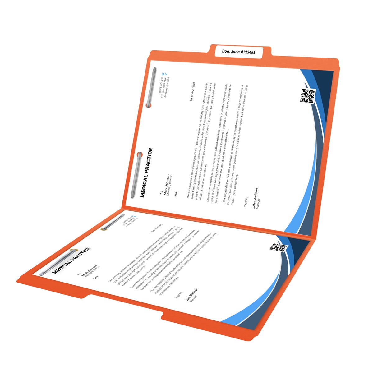 Orange letter size top tab single ply folders with 1/3 cut assorted tabs and 2" bonded fastener on inside front and inside back. 11 pt orange stock. Packaged 50/250