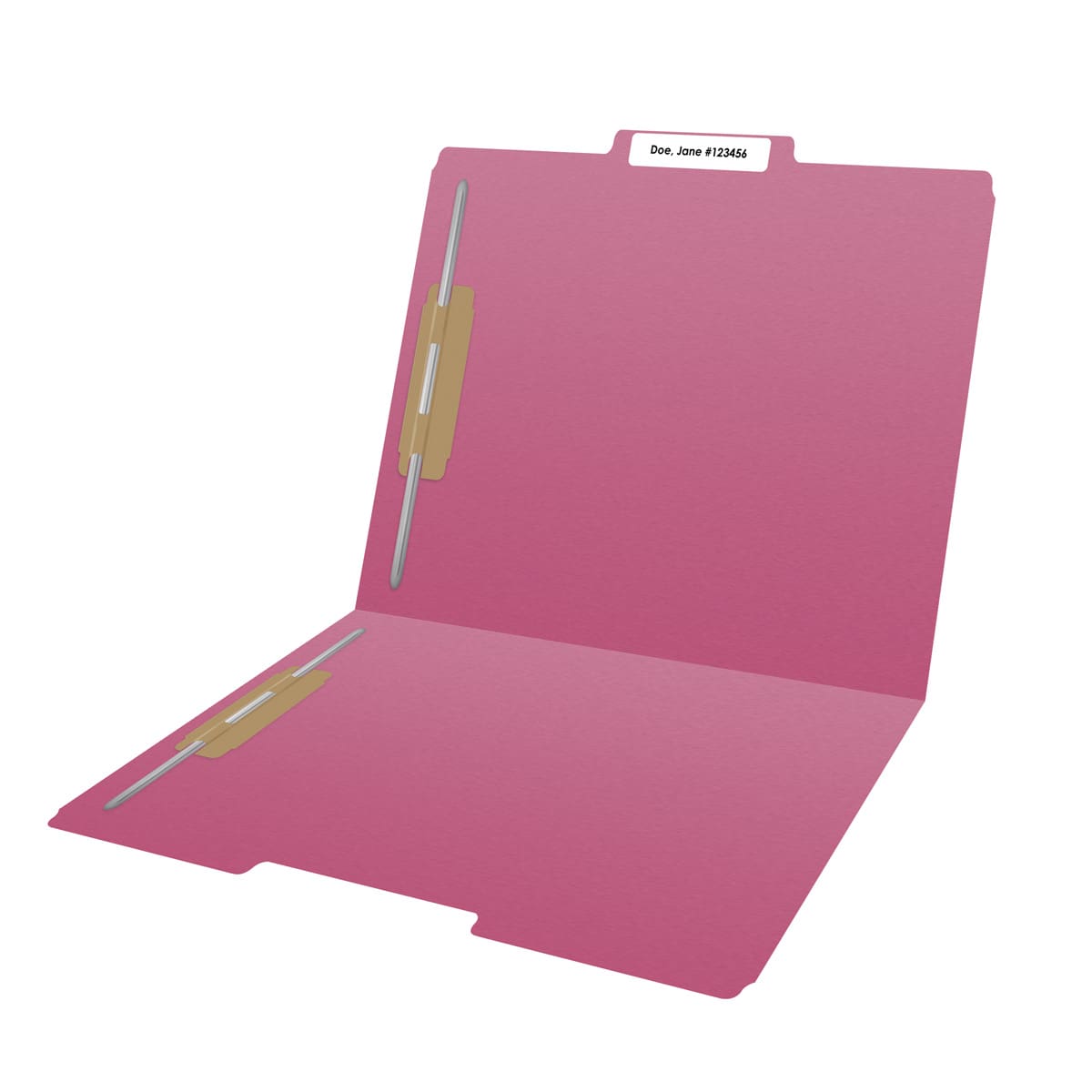 Pink letter size top tab single ply folders with 1/3 cut assorted tabs and 2" bonded fastener on inside front and inside back. 11 pt pink stock. Packaged 50/250