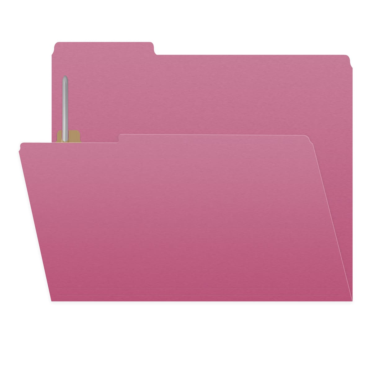 Pink letter size top tab single ply folders with 1/3 cut assorted tabs and 2" bonded fastener on inside front and inside back. 11 pt pink stock. Packaged 50/250
