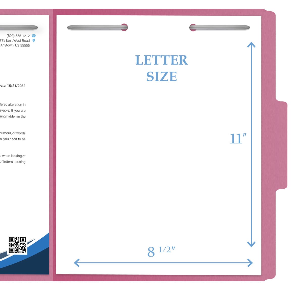 Pink letter size top tab single ply folders with 1/3 cut assorted tabs and 2" bonded fastener on inside front and inside back. 11 pt pink stock. Packaged 50/250