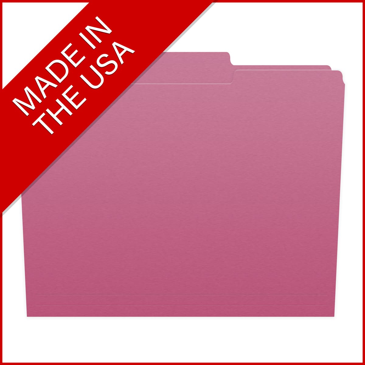 Pink letter size top tab single ply folders with 1/3 cut assorted tabs and 2" bonded fastener on inside front and inside back. 11 pt pink stock. Packaged 50/250