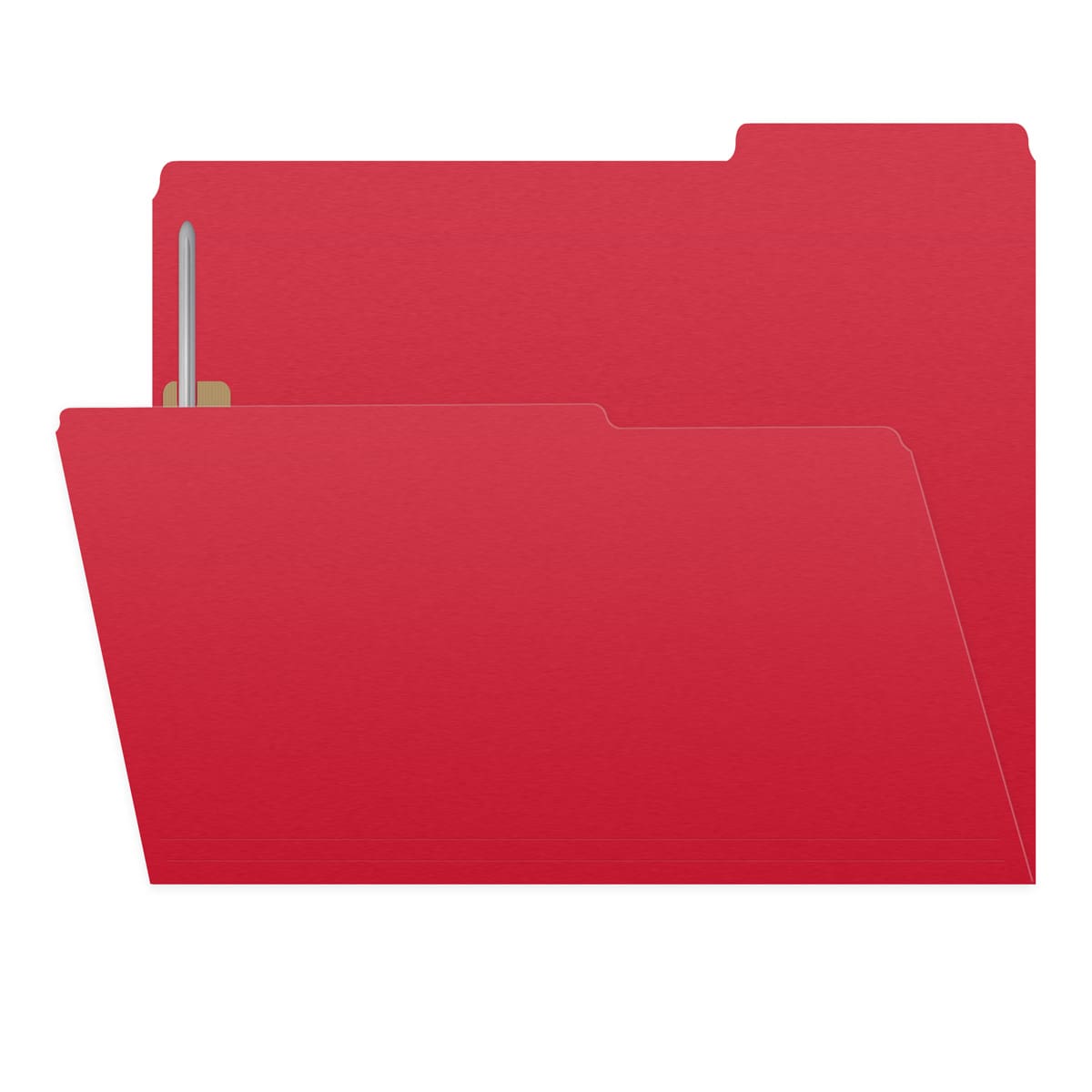 Red letter size top tab single ply folders with 1/3 cut assorted tabs and 2" bonded fastener on inside front and inside back. 11 pt red stock, 50/Box