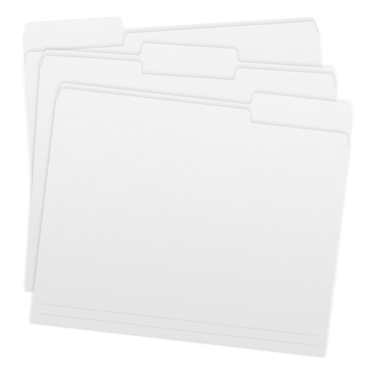 White letter size top tab single ply folders with 1/3 cut assorted tabs. 11 pt white stock. Packaged 100/500.