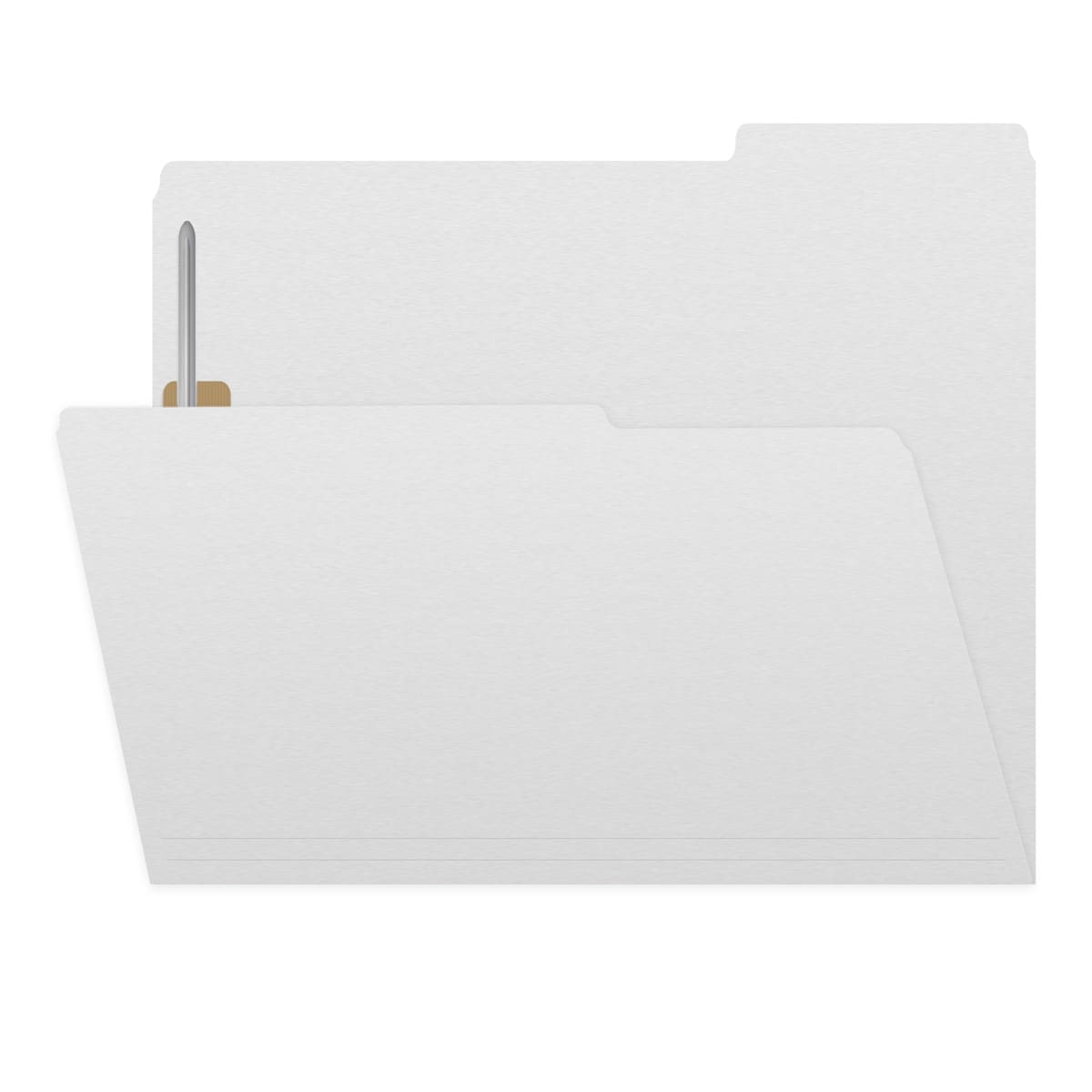 White letter size top tab single ply folders with 1/3 cut assorted tabs and 2" bonded fastener on inside front and inside back. 11 pt white stock. Packaged 50/250