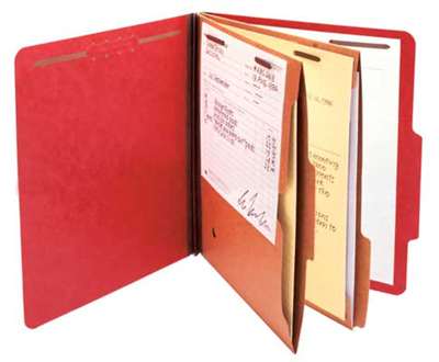 Deep red letter size top tab two divider classification folder with 2" russet brown tyvek expansion, with 2" embedded fasteners on inside front and inside back and 2" bonded fastener on both sides of pocket style dividers - S-60447