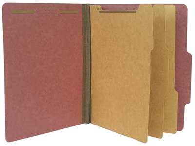Carnelian red letter size top tab three divider classification folder with 3" russet brown tyvek expansion, with 2" embedded fasteners on inside front and inside back and 1" duo fastener on dividers - S-60850