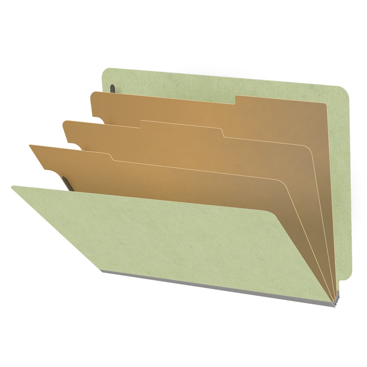 Peridot green letter size end tab three divider classification folder with 3" dark green tyvek expansion, with 2" bonded fasteners on inside front and inside back and 1" duo fastener on dividers - DV-S43-38-3PER