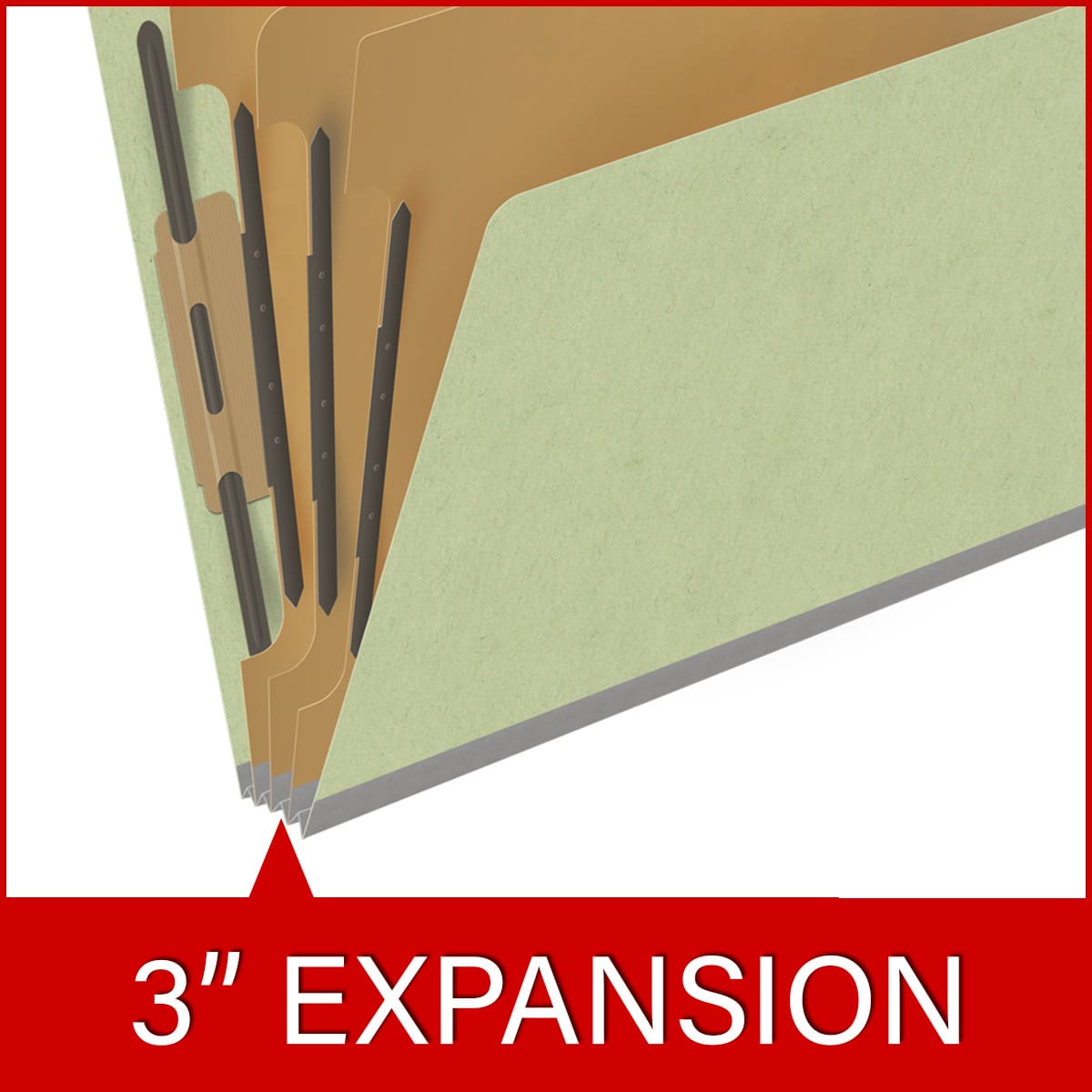 Peridot green letter size end tab three divider classification folder with 3" dark green tyvek expansion, with 2" bonded fasteners on inside front and inside back and 1" duo fastener on dividers - DV-S43-38-3PER