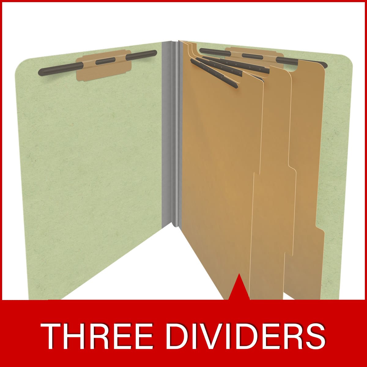 Peridot green letter size end tab three divider classification folder with 3" dark green tyvek expansion, with 2" bonded fasteners on inside front and inside back and 1" duo fastener on dividers - DV-S43-38-3PER