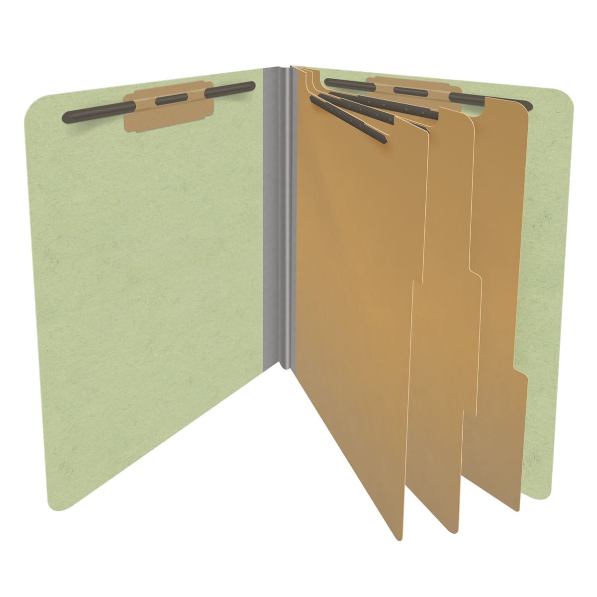 Peridot green letter size end tab three divider classification folder with 3" dark green tyvek expansion, with 2" bonded fasteners on inside front and inside back and 1" duo fastener on dividers - DV-S43-38-3PER