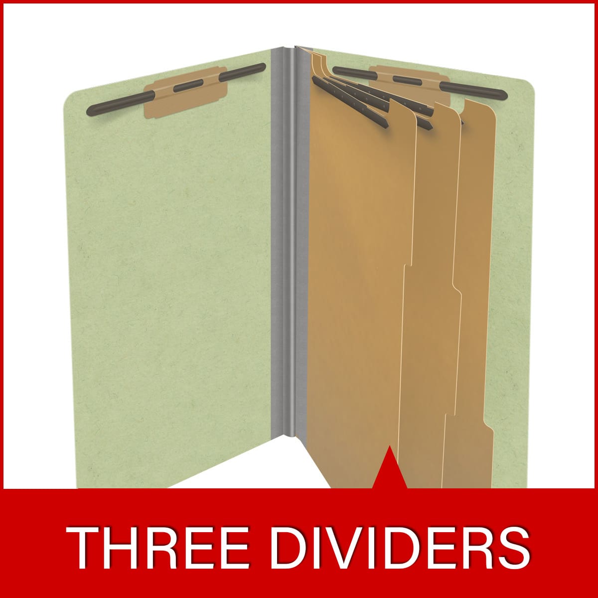 Peridot green legal size end tab three divider classification folder with 3" dark green tyvek expansion, with 2" bonded fasteners on inside front and inside back and 1" duo fastener on dividers - DV-S53-38-3PER