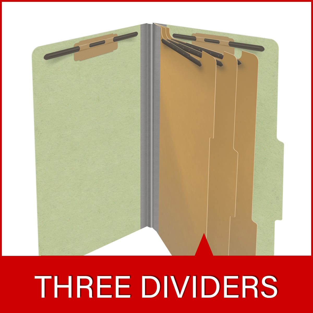 Peridot green legal size top tab three divider classification folder with 3" dark green tyvek expansion, with 2" bonded fasteners on inside front and inside back and 1" duo fastener on dividers - DV-T53-38-3PER