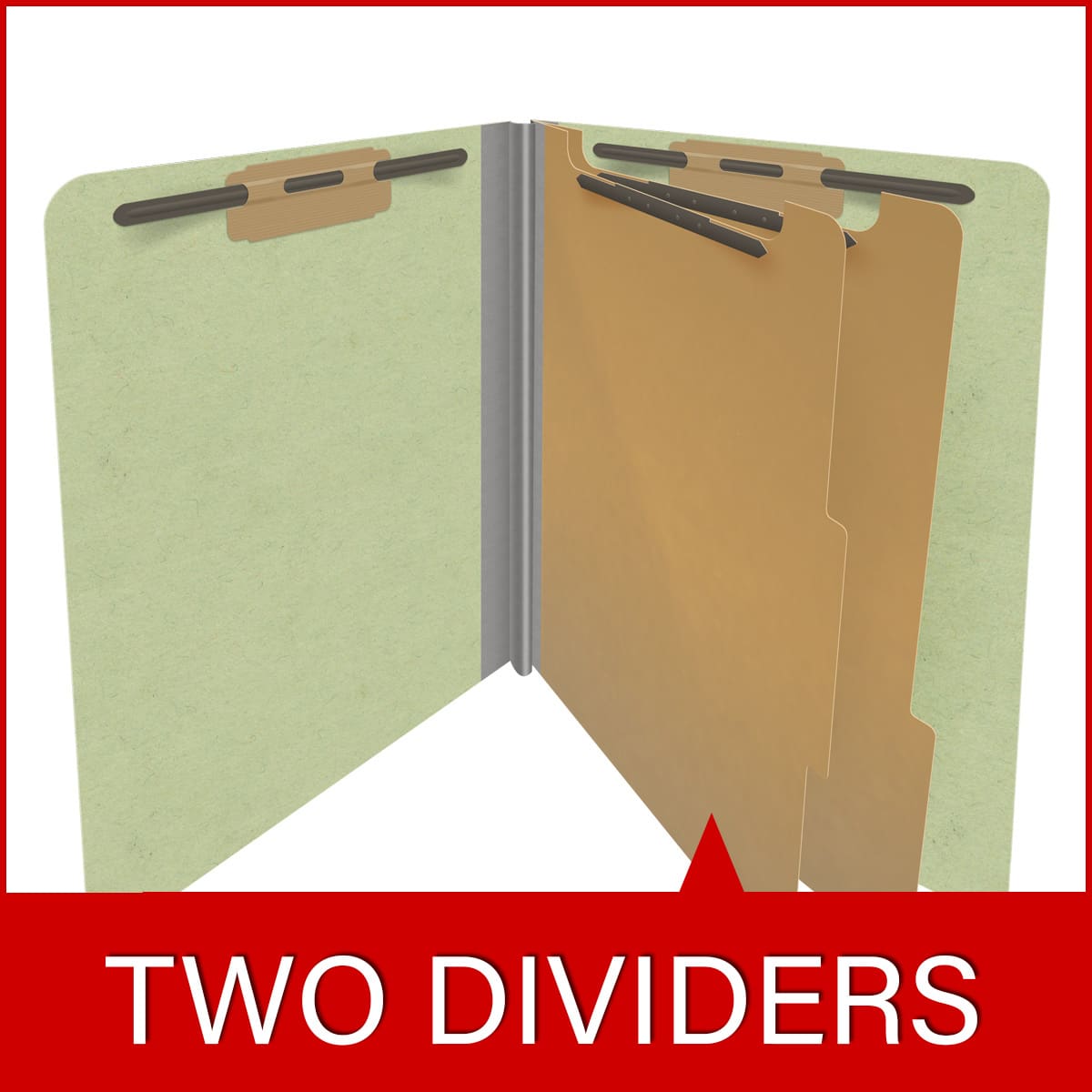 Peridot green letter size end tab two divider classification folder with 2" dark green tyvek expansion, with 2" bonded fasteners on inside front and inside back and 1" duo fastener on dividers - DV-S42-26-3PER
