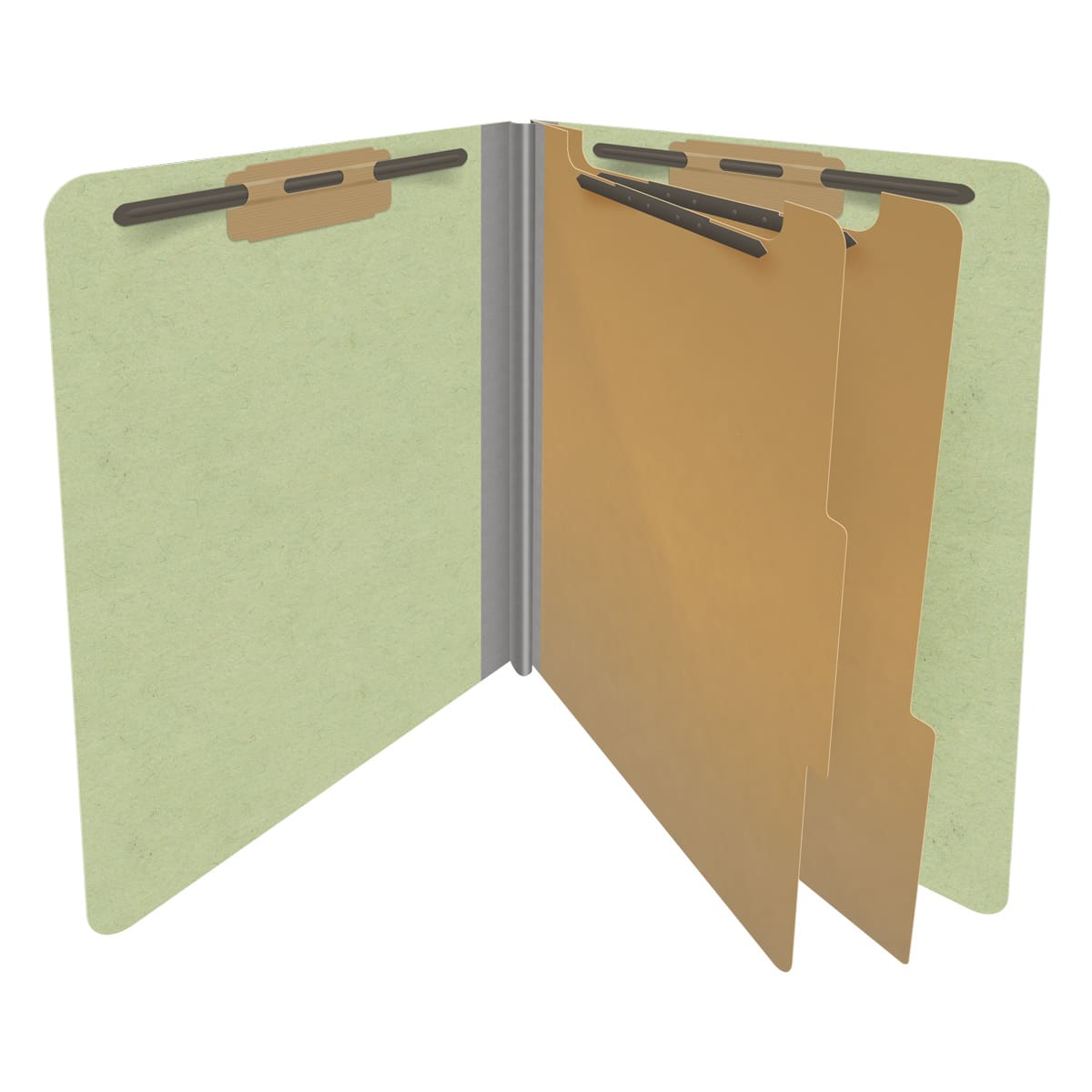 Peridot green letter size end tab two divider classification folder with 2" dark green tyvek expansion, with 2" bonded fasteners on inside front and inside back and 1" duo fastener on dividers - DV-S42-26-3PER
