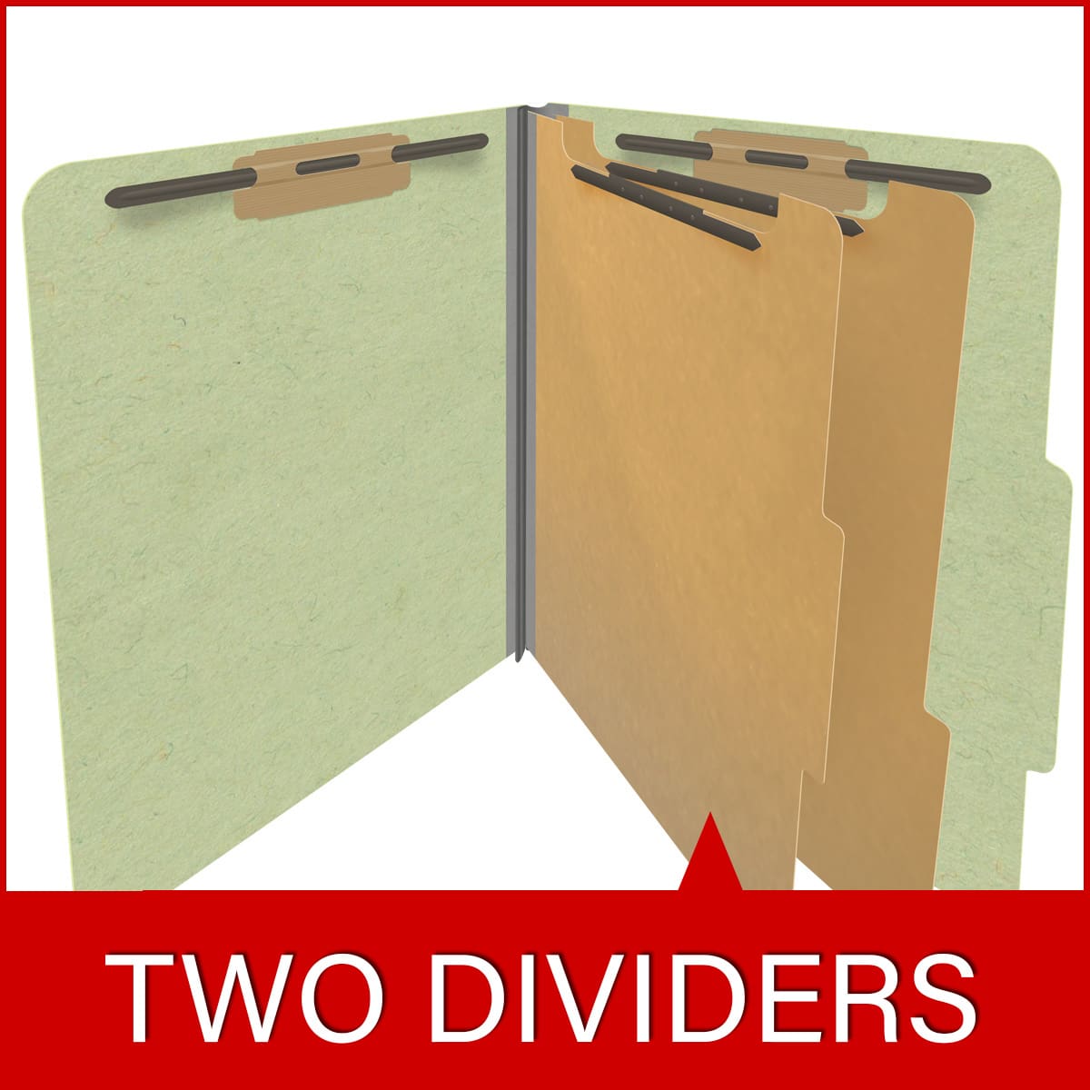 Peridot green letter size top tab two divider classification folder with 2" dark green tyvek expansion, with 2" bonded fasteners on inside front and inside back and 1" duo fastener on dividers - DV-T42-26-3PER