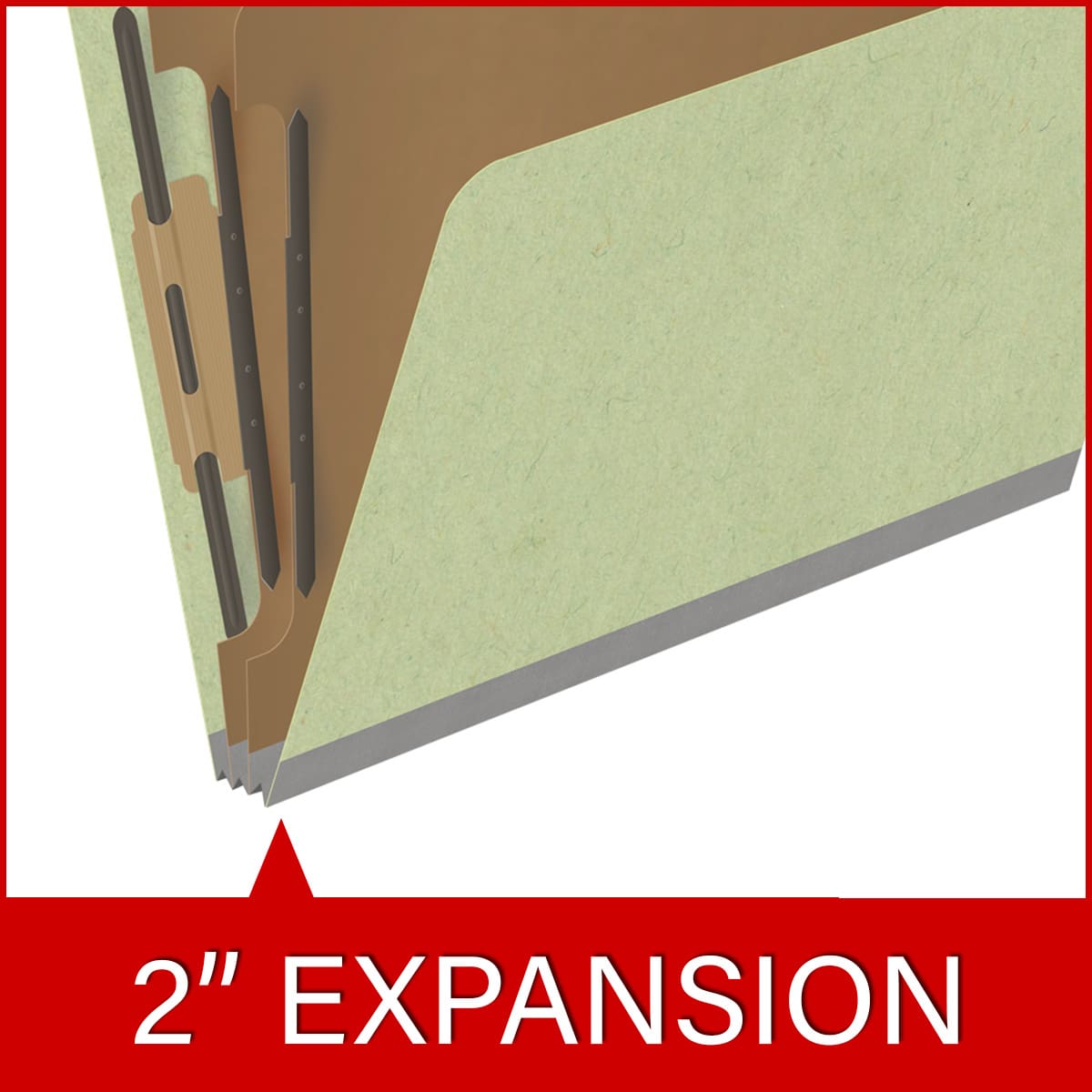 Peridot green letter size top tab two divider classification folder with 2" dark green tyvek expansion, with 2" bonded fasteners on inside front and inside back and 1" duo fastener on dividers - DV-T42-26-3PER