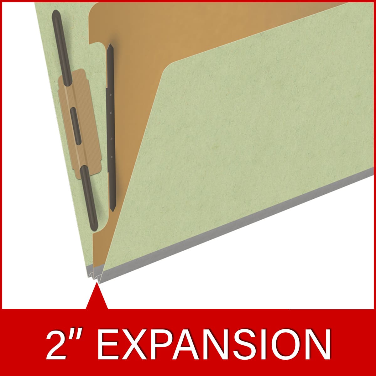 Peridot green letter size end tab one divider classification folder with 2" dark green tyvek expansion, with 2" bonded fasteners on inside front and inside back and 1" duo fastener on divider - DV-S42-14-3PER