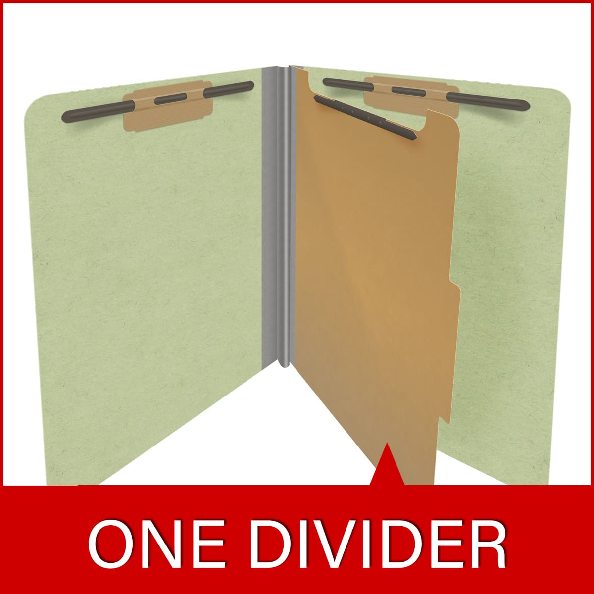Peridot green letter size end tab one divider classification folder with 2" dark green tyvek expansion, with 2" bonded fasteners on inside front and inside back and 1" duo fastener on divider - DV-S42-14-3PER