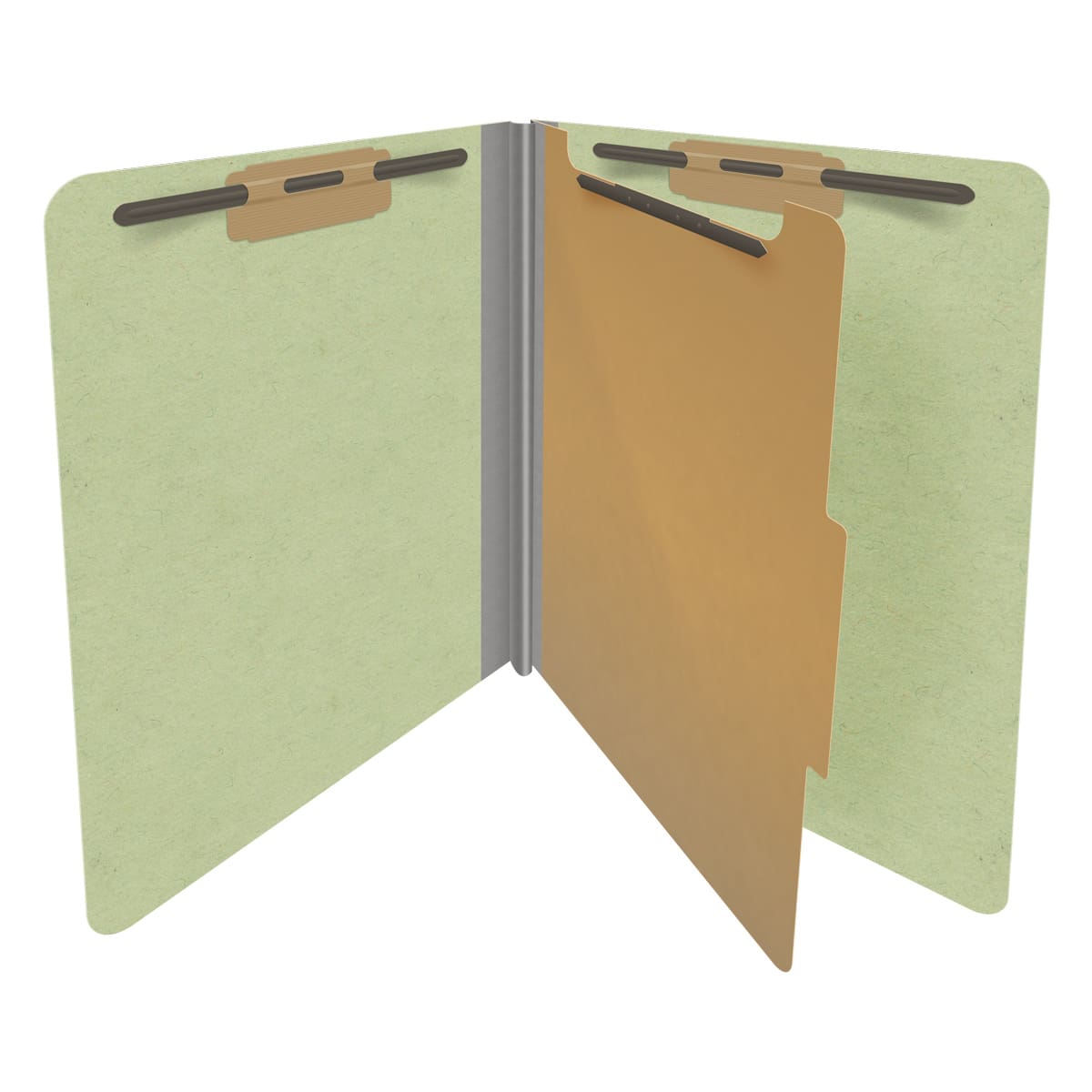 Peridot green letter size end tab one divider classification folder with 2" dark green tyvek expansion, with 2" bonded fasteners on inside front and inside back and 1" duo fastener on divider - DV-S42-14-3PER