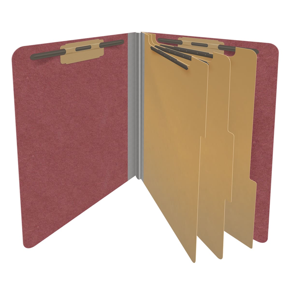 Dark red letter size end tab three divider classification folder with 3" russet brown tyvek expansion, with 2" bonded fasteners on inside front and inside back and 1" duo fastener on dividers - DV-S43-38-3ARD