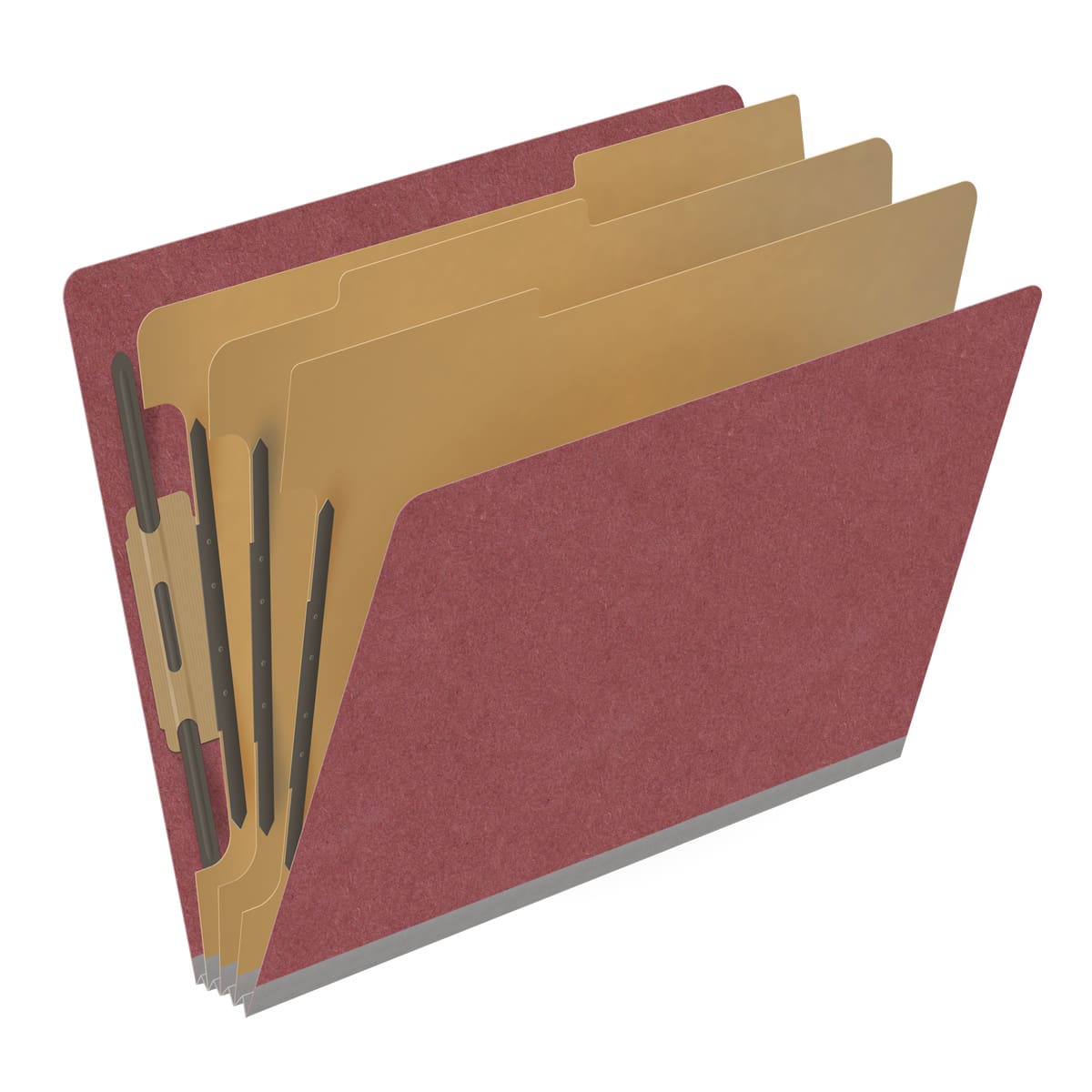 Dark red letter size end tab three divider classification folder with 3" russet brown tyvek expansion, with 2" bonded fasteners on inside front and inside back and 1" duo fastener on dividers - DV-S43-38-3ARD