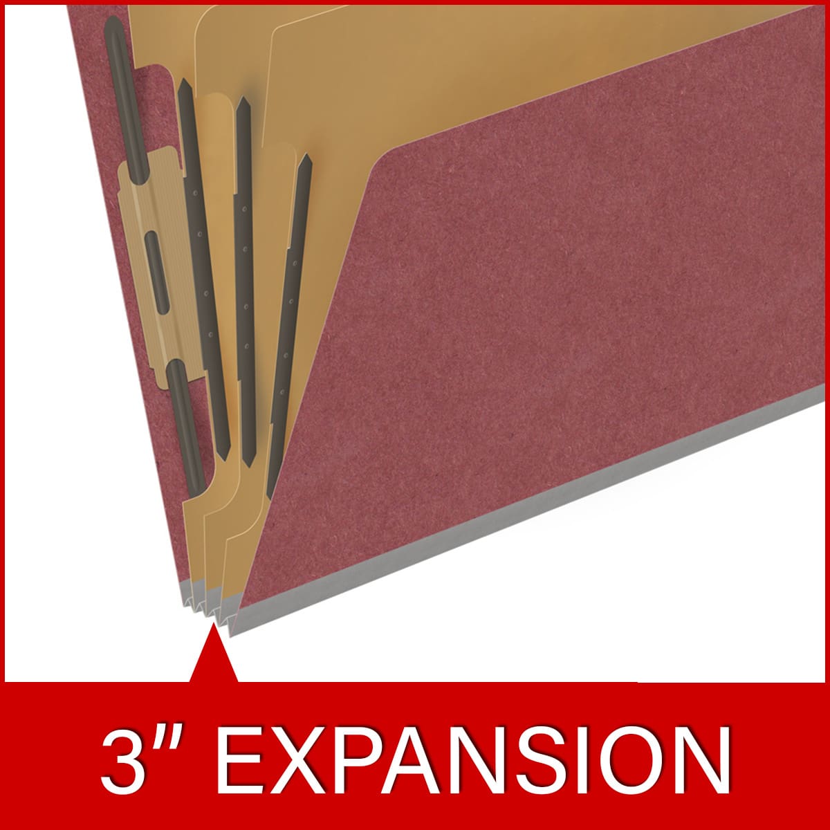 Dark red letter size end tab three divider classification folder with 3" russet brown tyvek expansion, with 2" bonded fasteners on inside front and inside back and 1" duo fastener on dividers - DV-S43-38-3ARD
