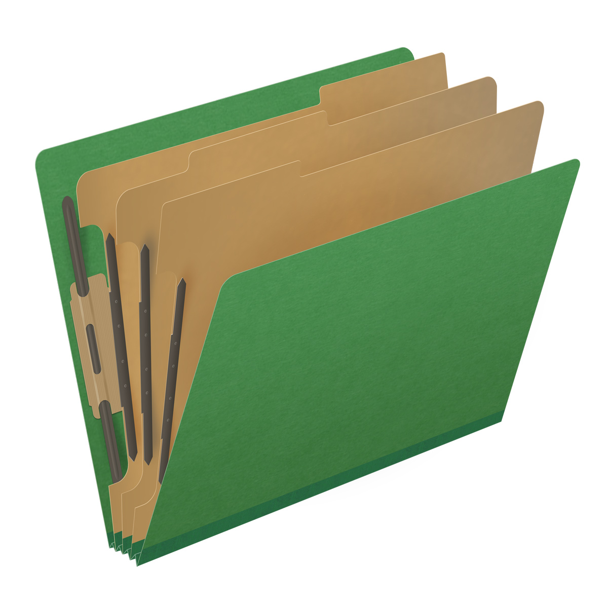Moss green letter size end tab three divider classification folder with 3" dark green tyvek expansion, with 2" bonded fasteners on inside front and inside back and 1" duo fastener on dividers - DV-S43-38-3MGN