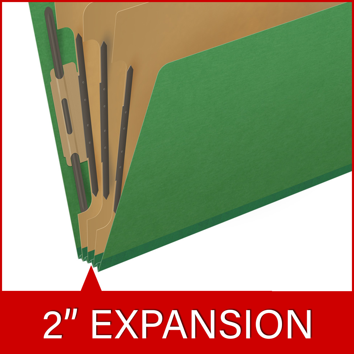 Moss green letter size end tab three divider classification folder with 3" dark green tyvek expansion, with 2" bonded fasteners on inside front and inside back and 1" duo fastener on dividers - DV-S43-38-3MGN