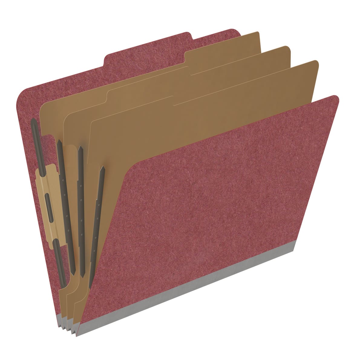 Dark red letter size top tab three divider classification folder with 3" russet brown tyvek expansion, with 2" bonded fasteners on inside front and inside back and 1" duo fastener on dividers - DV-T43-38-3ARD