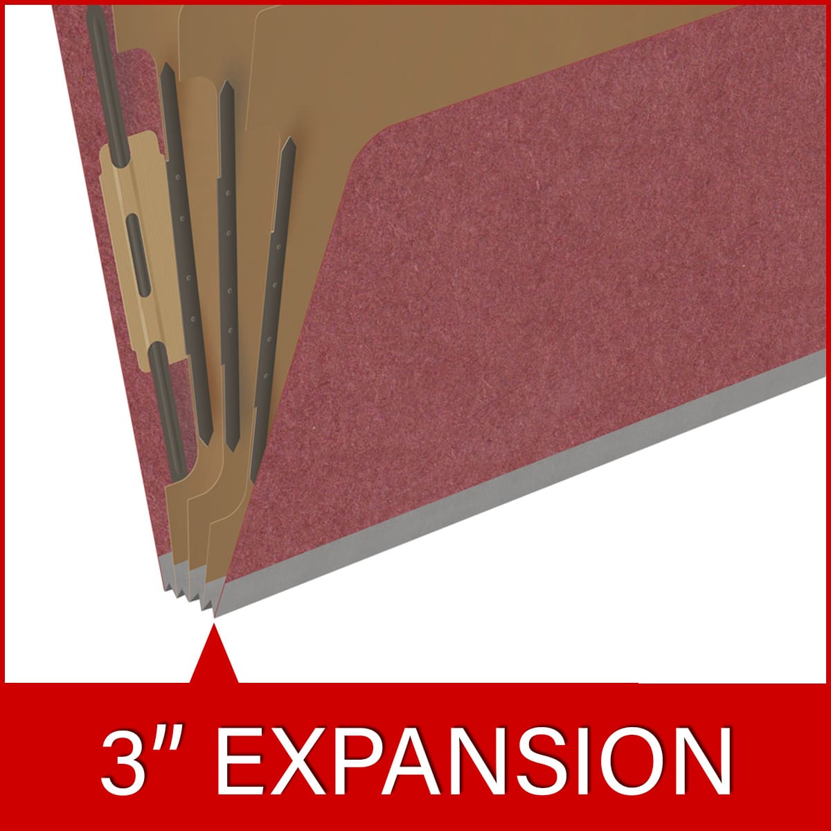 Dark red letter size top tab three divider classification folder with 3" russet brown tyvek expansion, with 2" bonded fasteners on inside front and inside back and 1" duo fastener on dividers - DV-T43-38-3ARD