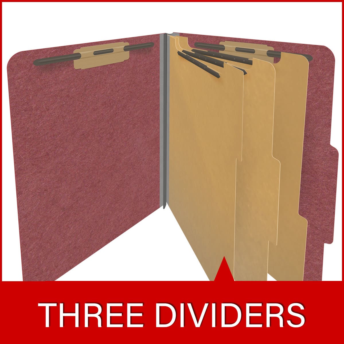 Dark red letter size top tab three divider classification folder with 3" russet brown tyvek expansion, with 2" bonded fasteners on inside front and inside back and 1" duo fastener on dividers - DV-T43-38-3ARD
