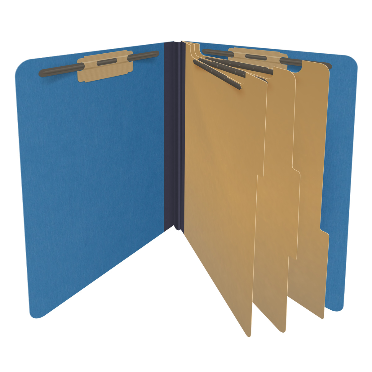 Royal blue letter size end tab three divider classification folder with 3" dark blue tyvek expansion, with 2" bonded fasteners on inside front and inside back and 1" duo fastener on dividers - DV-S43-38-3RBL