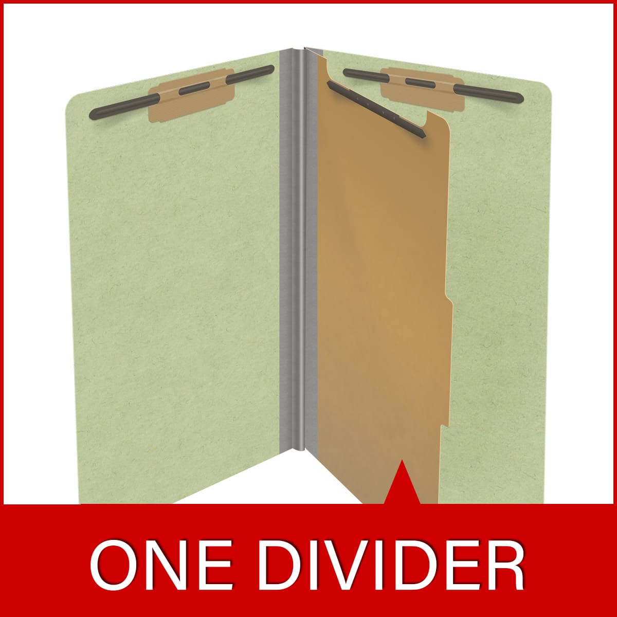 Peridot green legal size end tab one divider classification folder with 2" dark green tyvek expansion, with 2" bonded fasteners on inside front and inside back and 1" duo fastener on divider - DV-S52-14-3PER