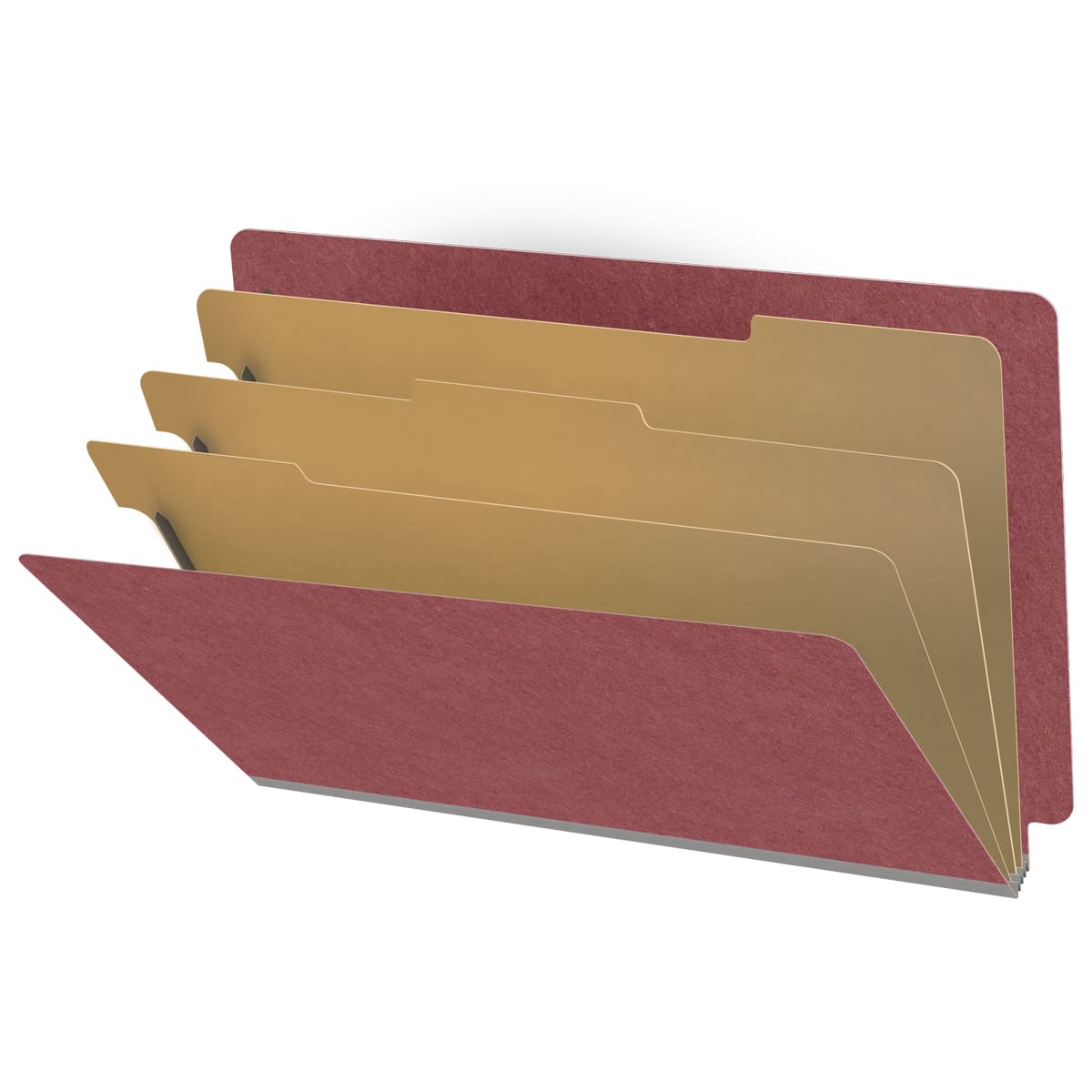 Dark red legal size end tab three divider classification folder with 3" russet brown tyvek expansion, with 2" bonded fasteners on inside front and inside back and 1" duo fastener on dividers - DV-S53-38-3ARD