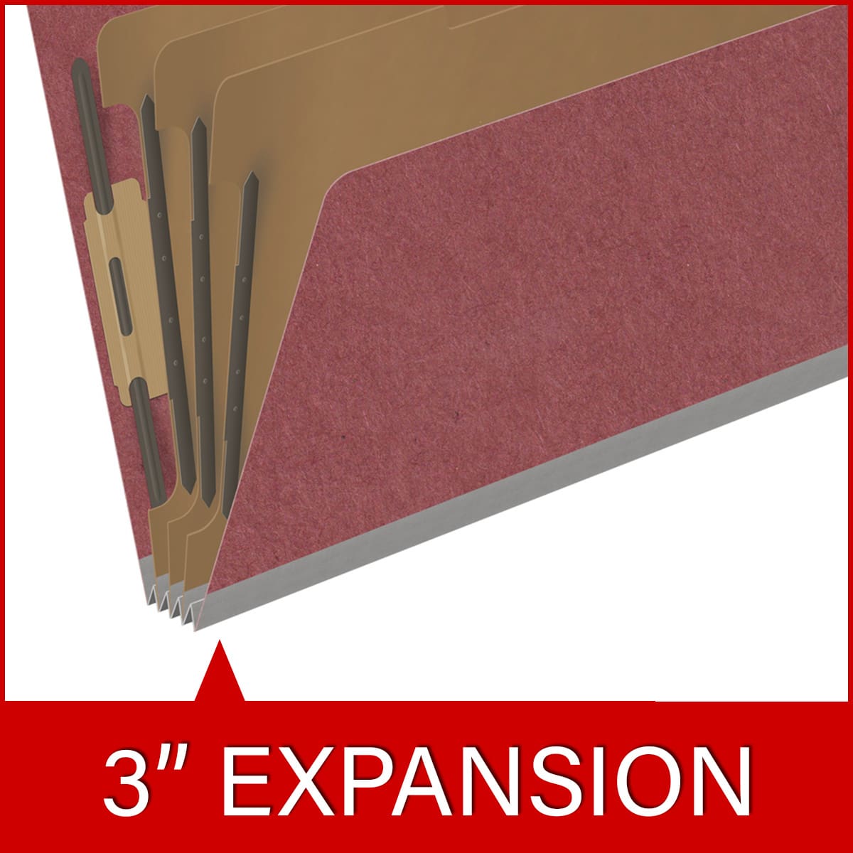 Dark red legal size end tab three divider classification folder with 3" russet brown tyvek expansion, with 2" bonded fasteners on inside front and inside back and 1" duo fastener on dividers - DV-S53-38-3ARD