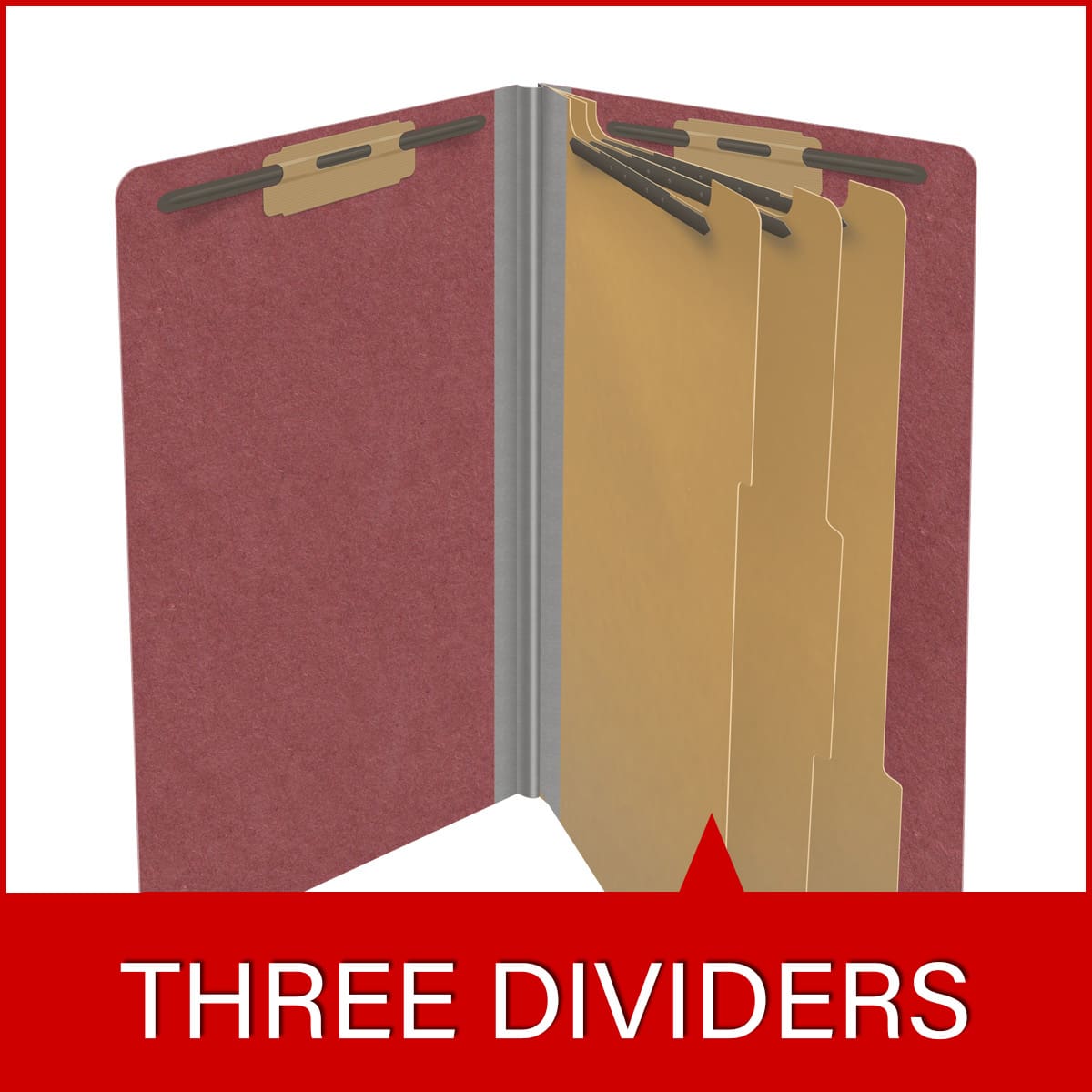 Dark red legal size end tab three divider classification folder with 3" russet brown tyvek expansion, with 2" bonded fasteners on inside front and inside back and 1" duo fastener on dividers - DV-S53-38-3ARD