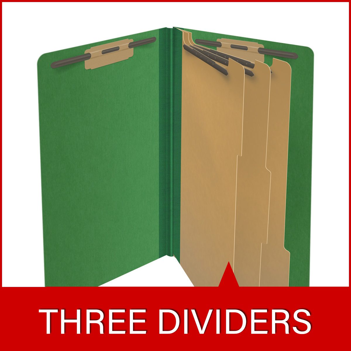 Moss green legal size end tab three divider classification folder with 3" dark green tyvek expansion, with 2" bonded fasteners on inside front and inside back and 1" duo fastener on dividers - DV-S53-38-3MGN