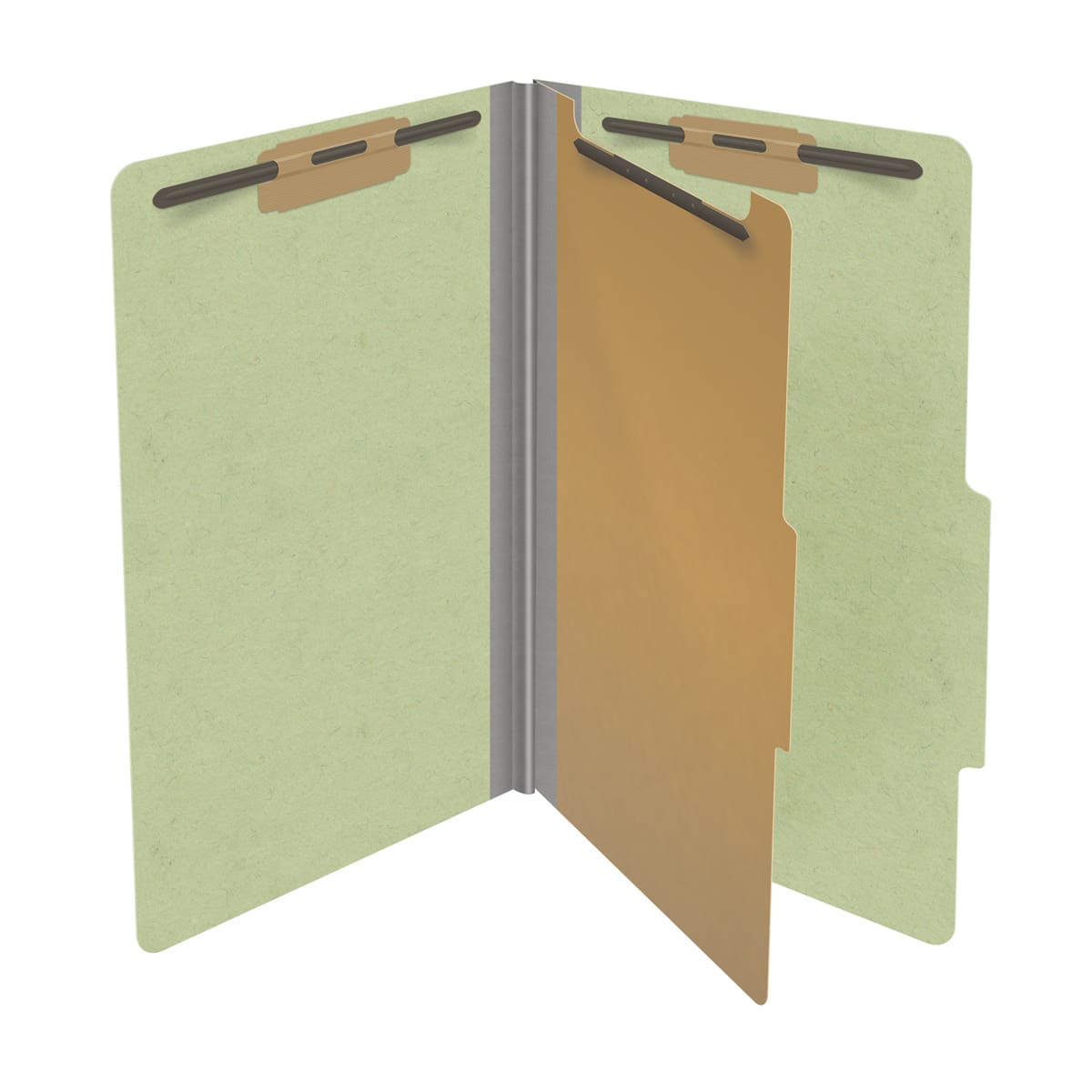 Peridot green legal size top tab one divider classification folder with 2" dark green tyvek expansion, with 2" bonded fasteners on inside front and inside back and 1" duo fastener on divider - DV-T52-14-3PER
