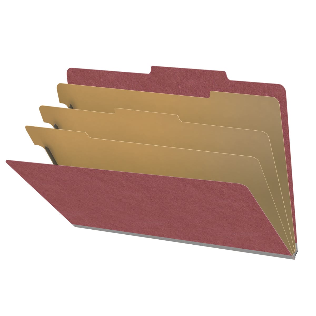 Dark red legal size top tab three divider classification folder with 3" russet brown tyvek expansion, with 2" bonded fasteners on inside front and inside back and 1" duo fastener on dividers - DV-T53-38-3ARD