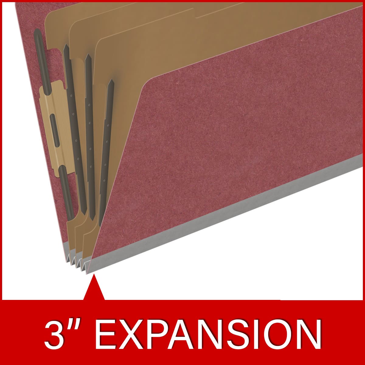 Dark red legal size top tab three divider classification folder with 3" russet brown tyvek expansion, with 2" bonded fasteners on inside front and inside back and 1" duo fastener on dividers - DV-T53-38-3ARD