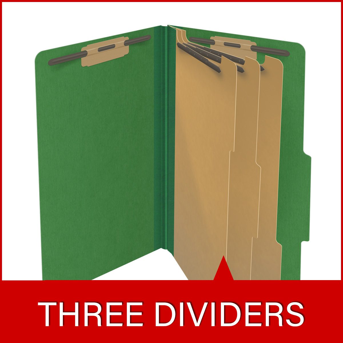 Moss green legal size top tab three divider classification folder with 3" dark green tyvek expansion, with 2" bonded fasteners on inside front and inside back and 1" duo fastener on dividers - DV-T53-38-3MGN