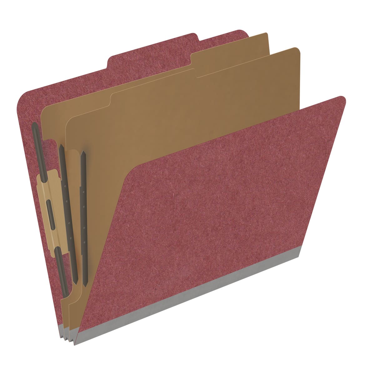 Dark red letter size top tab two divider classification folder with 2" russet brown tyvek expansion, with 2" bonded fasteners on inside front and inside back and 1" duo fastener on dividers - DV-T42-26-3ARD