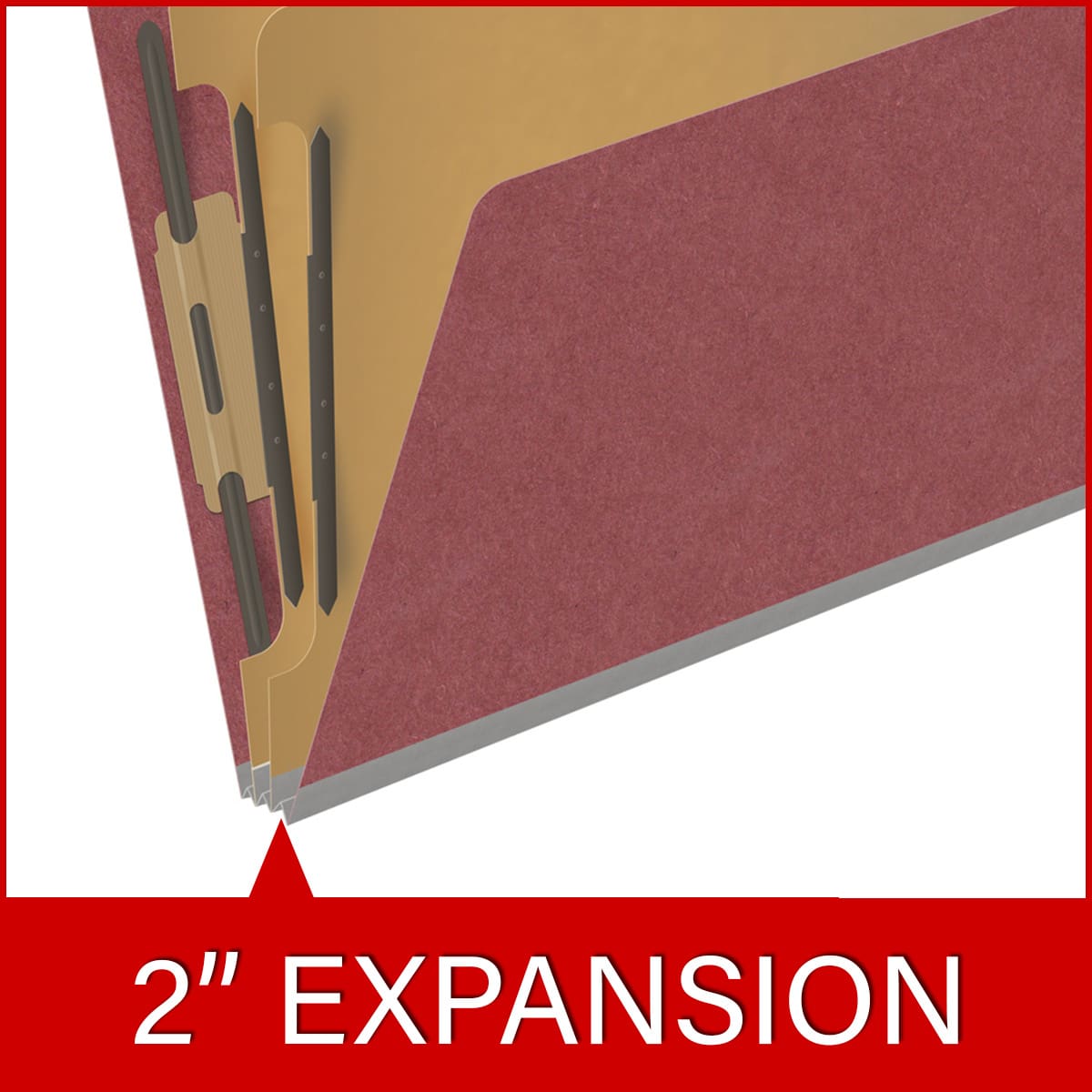 Dark red letter size top tab two divider classification folder with 2" russet brown tyvek expansion, with 2" bonded fasteners on inside front and inside back and 1" duo fastener on dividers - DV-T42-26-3ARD