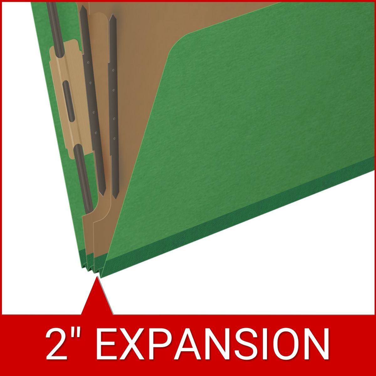 Moss green letter size top tab two divider classification folder with 2" dark green tyvek expansion, with 2" bonded fasteners on inside front and inside back and 1" duo fastener on dividers - DV-T42-26-3MGN