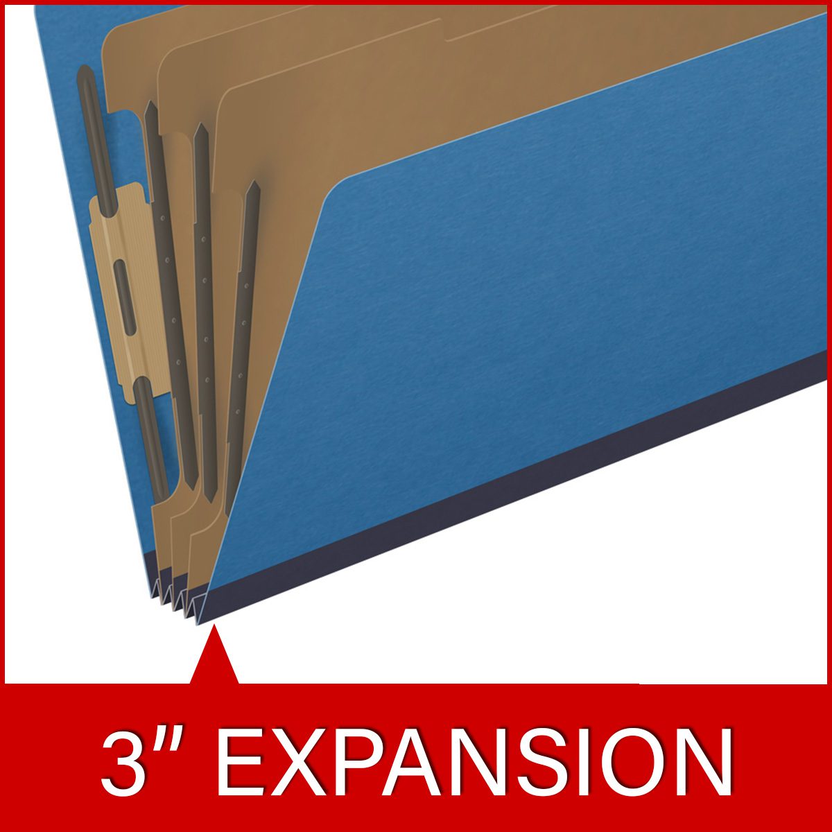 Royal blue legal size top tab three divider classification folder with 3" dark blue tyvek expansion, with 2" bonded fasteners on inside front and inside back and 1" duo fastener on dividers - DV-T53-38-3RBL