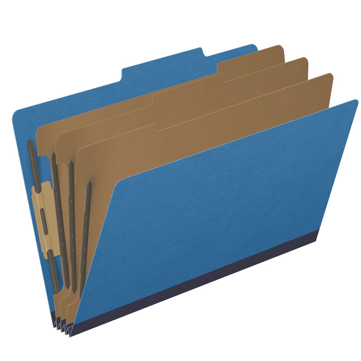 Royal blue legal size top tab three divider classification folder with 3" dark blue tyvek expansion, with 2" bonded fasteners on inside front and inside back and 1" duo fastener on dividers - DV-T53-38-3RBL