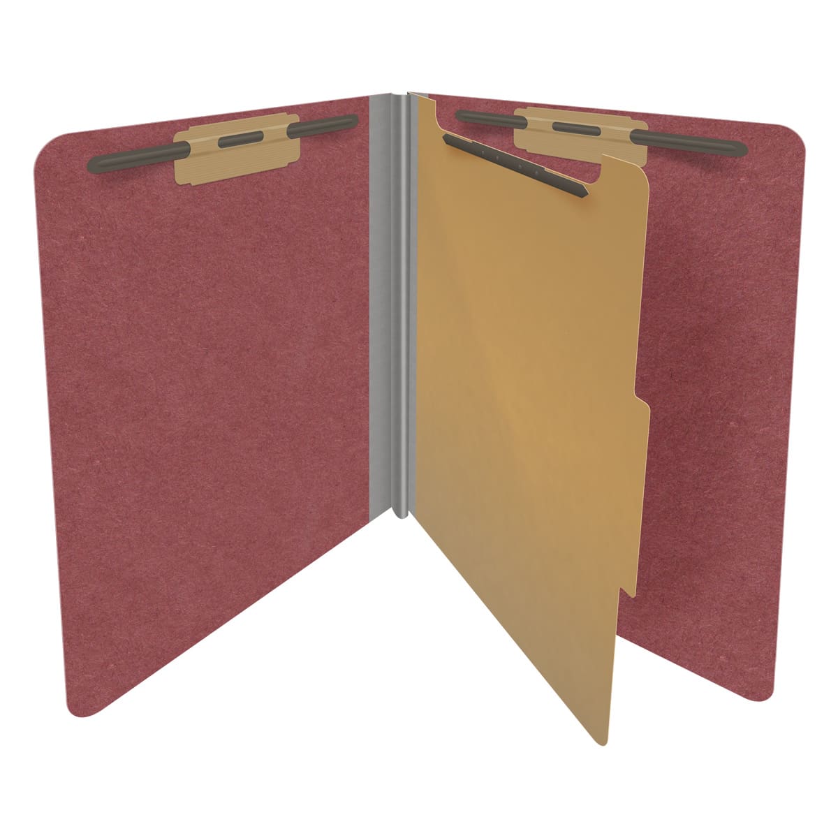 Dark red letter size end tab one divider classification folder with 2" russet brown tyvek expansion, with 2" bonded fasteners on inside front and inside back and 1" duo fastener on divider - DV-S42-14-3ARD