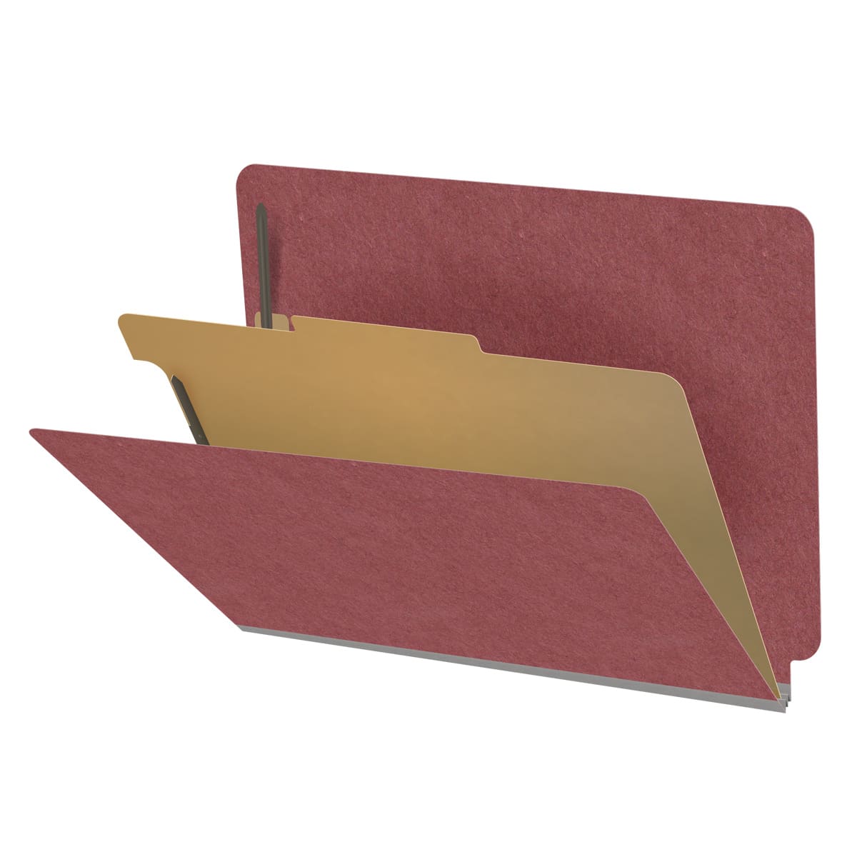 Dark red letter size end tab one divider classification folder with 2" russet brown tyvek expansion, with 2" bonded fasteners on inside front and inside back and 1" duo fastener on divider - DV-S42-14-3ARD