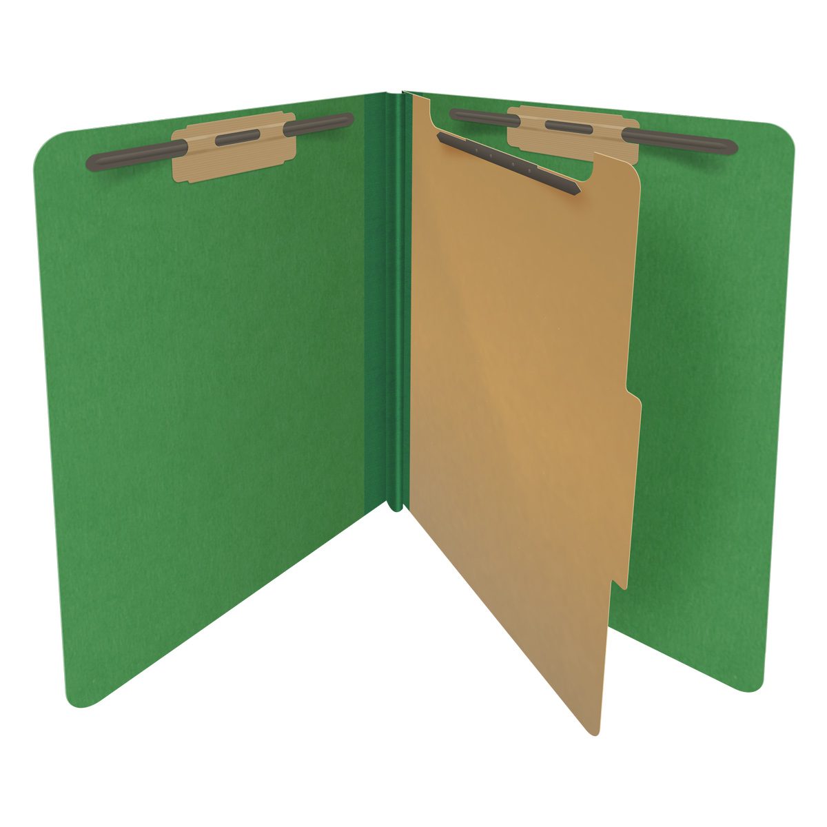 Moss green letter size end tab one divider classification folder with 2" dark green tyvek expansion, with 2" bonded fasteners on inside front and inside back and 1" duo fastener on divider - DV-S42-14-3MGN